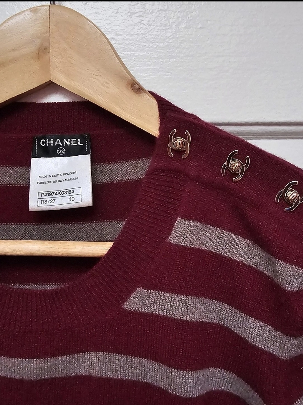 CHANEL Burgundy and Gray Striped Knit Sweater
